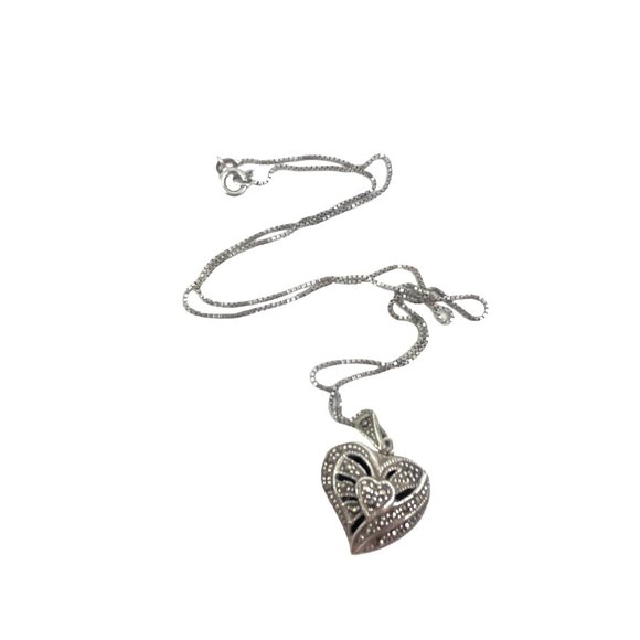 Vintage Silver Heart Marcasite Locket Necklace With Intricate Design - Picture 7 of 9